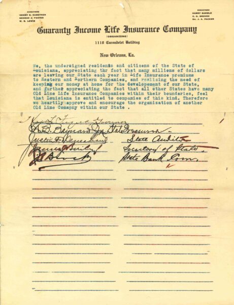 A historical petition from residents of Louisiana supporting Guaranty Income Life Insurance Company, featuring signatures and a typed message.