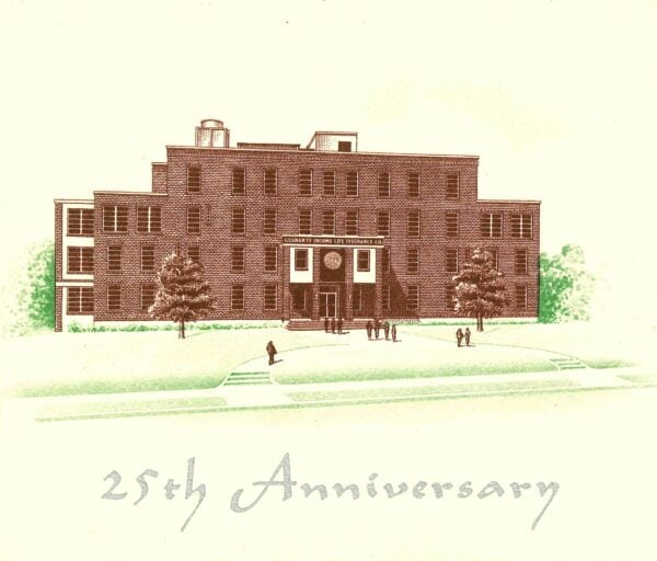 Illustration of the Guaranty Media Headquarters, a brick building with people in front, celebrating Baton Rouge Radio Station's 25th Anniversary. Text at the bottom reads 