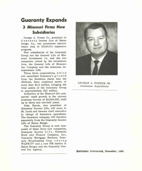 A page from Southern Insurance magazine, December 1968, features a black-and-white photo of George A. Foster Jr. with text about acquisitions, shedding light on the strategic moves that paved the way for future endeavors like those of Flynn Foster in Guaranty Broadcasting and Media.