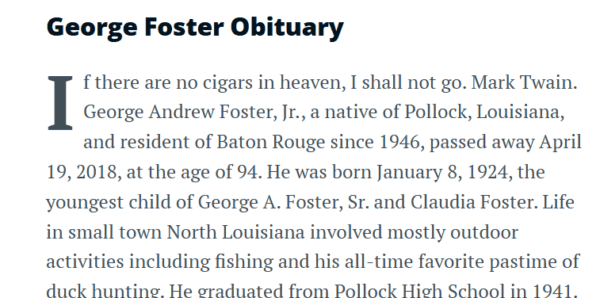 George Foster, cherished by his family, passed away in 2018 at the age of 94. A man who lived fully, he often quoted Mark Twain: 