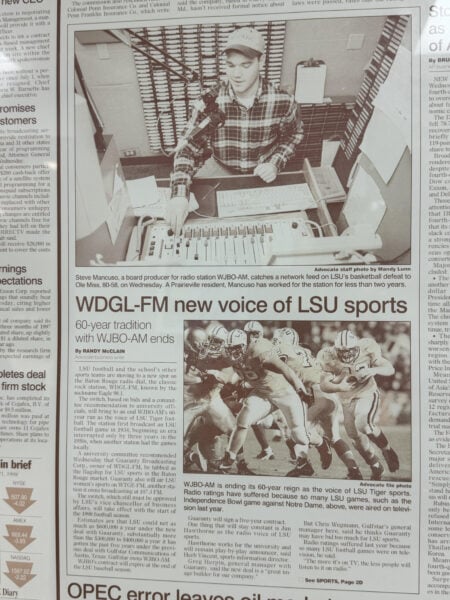 A newspaper page displaying an article about WDGL-FM becoming the new voice of LSU sports, with photos of a radio producer and a football game.